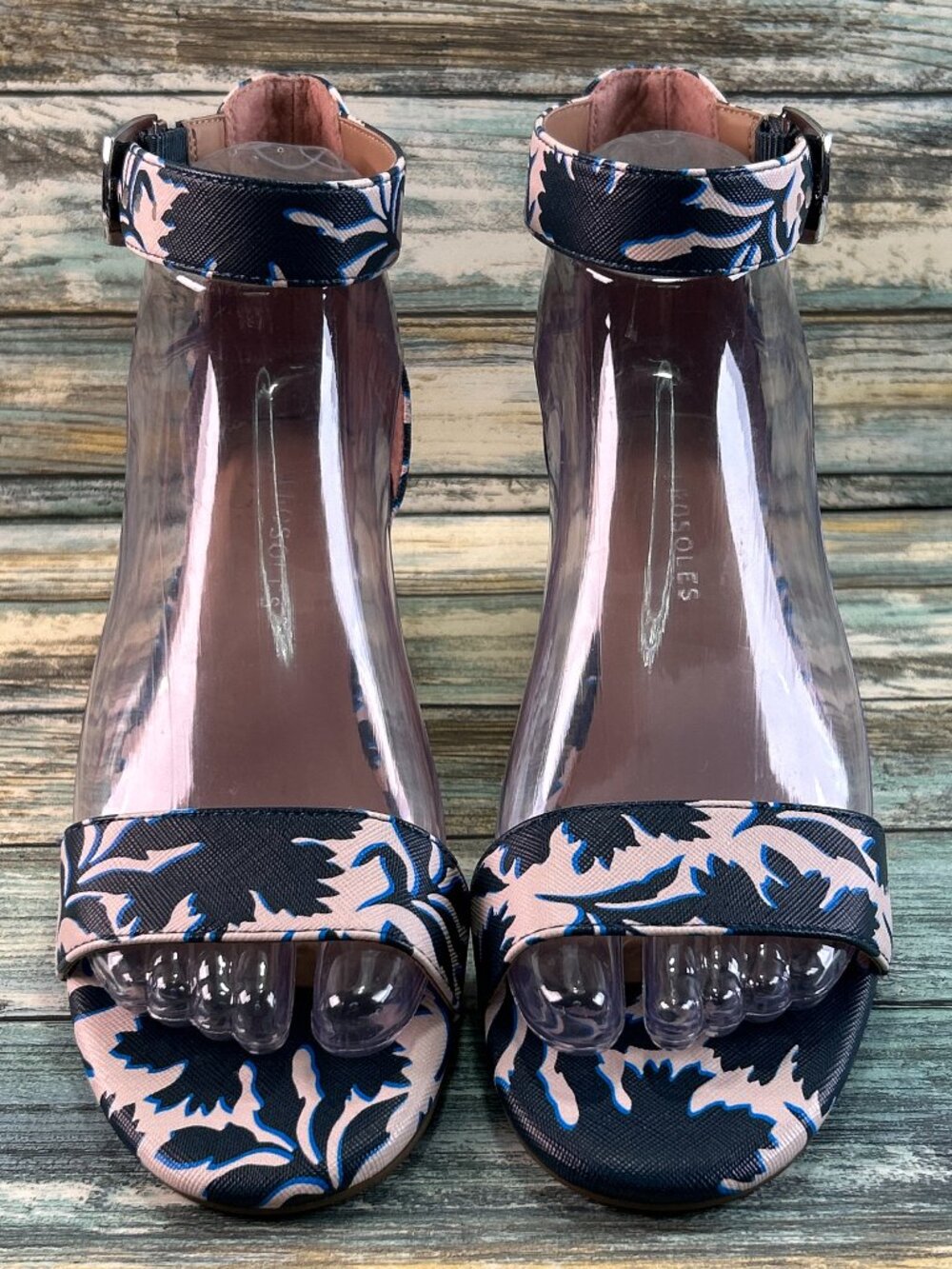AEROSOLES Waine Wedge Sandals 6M Ankle Strap Open Toe Floral Print Blue White